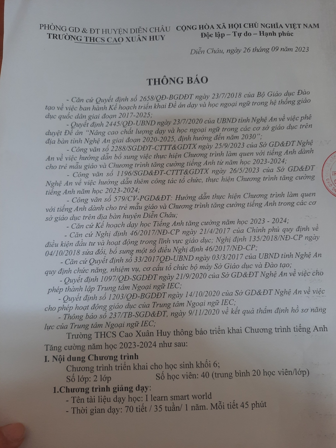 Thông báo triển khai Chương trình Tiếng Anh tăng cường năm học 2023 - 2024