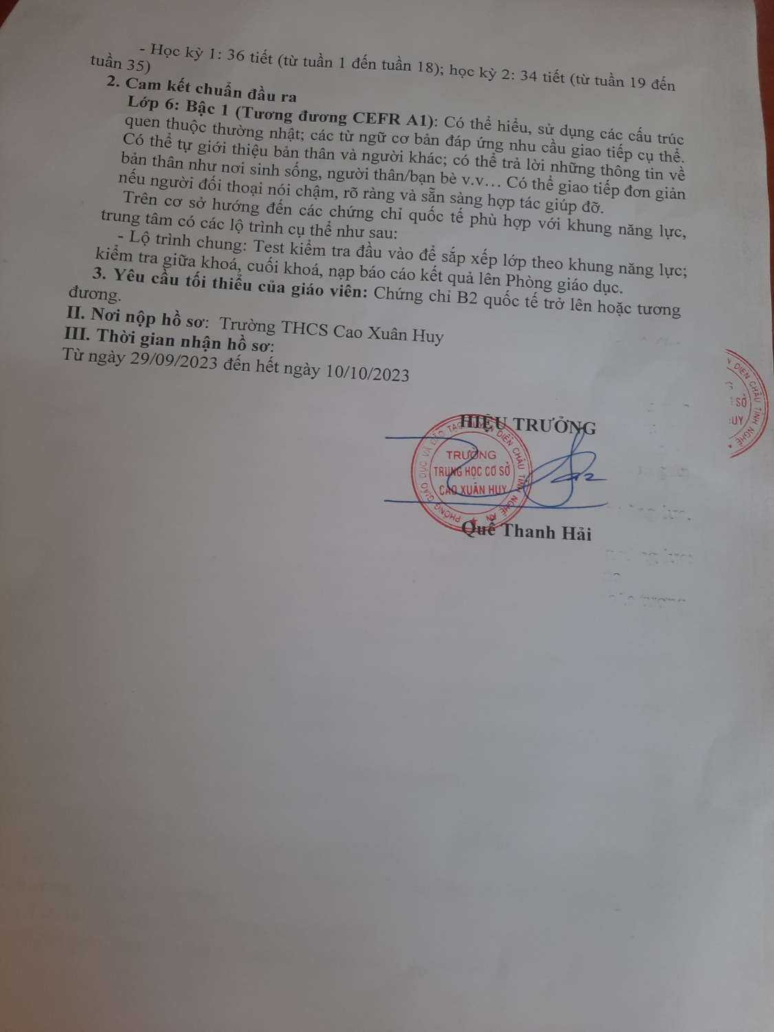 Thông báo triển khai Chương trình Tiếng Anh tăng cường năm học 2023 - 2024